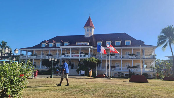 Historic building with flags in Papeete, Tahiti