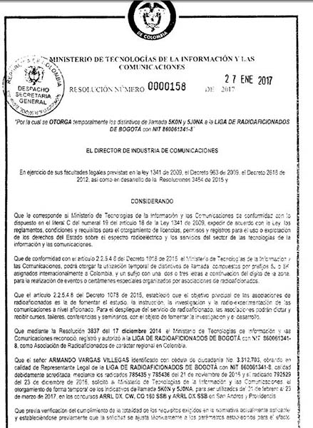 Ham radio license for HK3/WJ2O, in Bogotá, Colombia. 