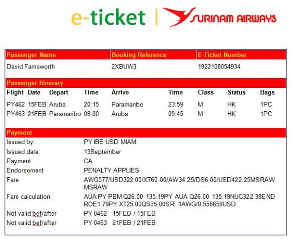 Suriname Airways ticket